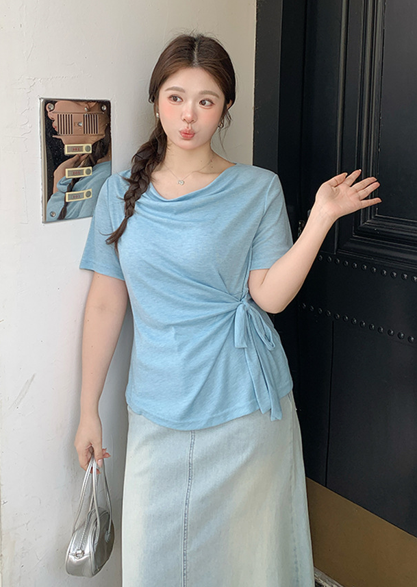 大きいサイズ レディース カウルネックラインウエストタイ半袖トップス LL 3L 4L 5L