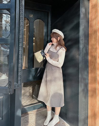 大きいサイズ レディース ハイネックインナーシャツ+サスペンダーワンピース2点セット LL 3L 4L 5L 6L