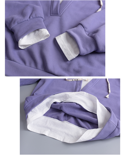 大きいサイズ レディース フード付き厚手フェイクツーピースカジュアルスウェットシャツ LL 3L 4L 5L