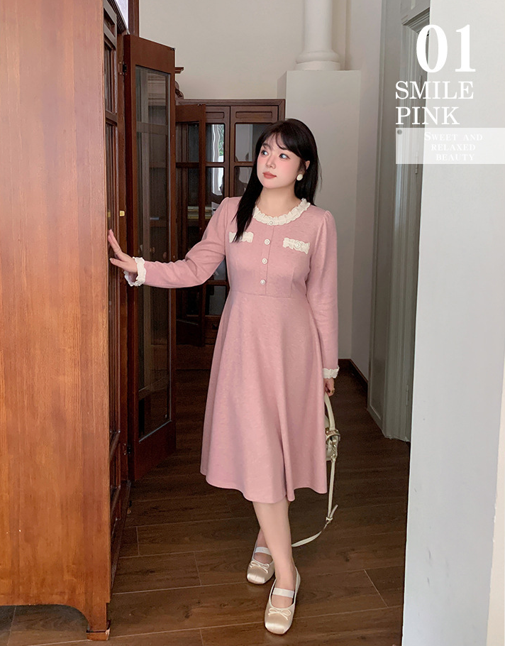 大きいサイズ レディース ラウンドネックレースニットワンピース LL 3L 4L 5L