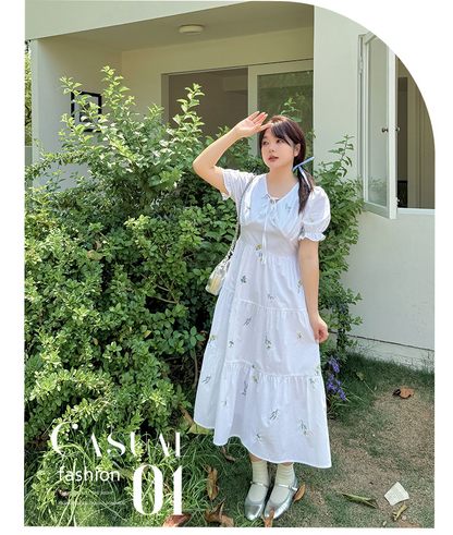 大きいサイズ レディース 草花刺繍入りリボンコットンティアードワンピース LL 3L 4L 5L