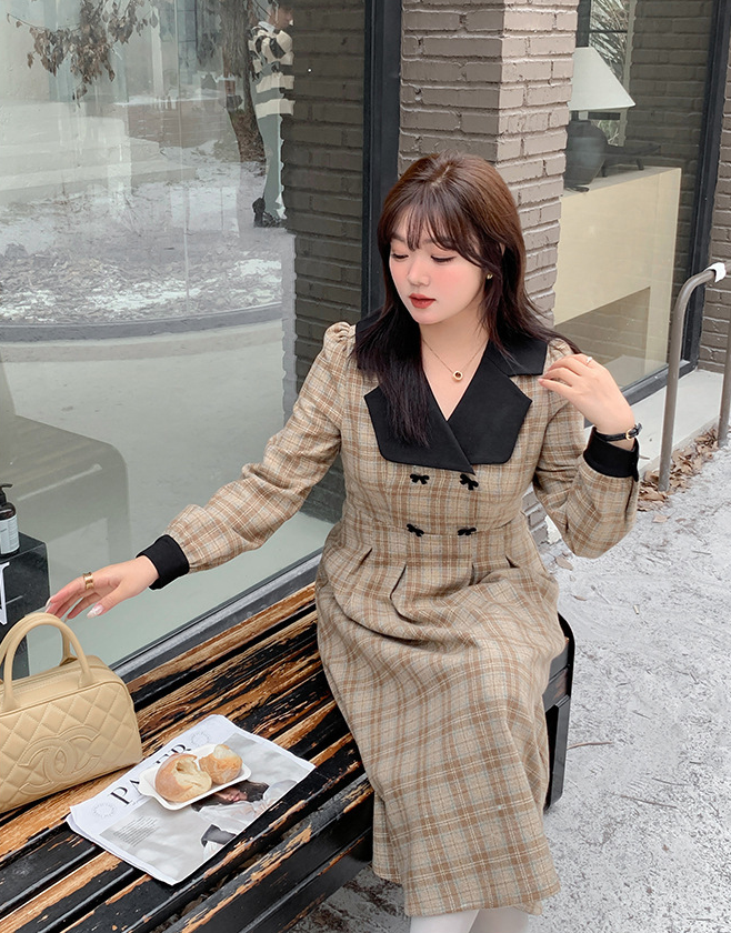 大きいサイズ レディース ブラックラペルフロックリボンチェック柄プリーツワンピース LL 3L 4L 5L