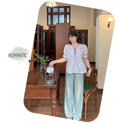 大きいサイズ レディース フリルレースアップリボンチェック柄フレンチシャツ LL 3L 4L 5L