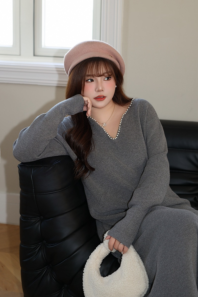 大きいサイズ レディース パールVネックスイートニットフレンチワンピース LL 3L 4L