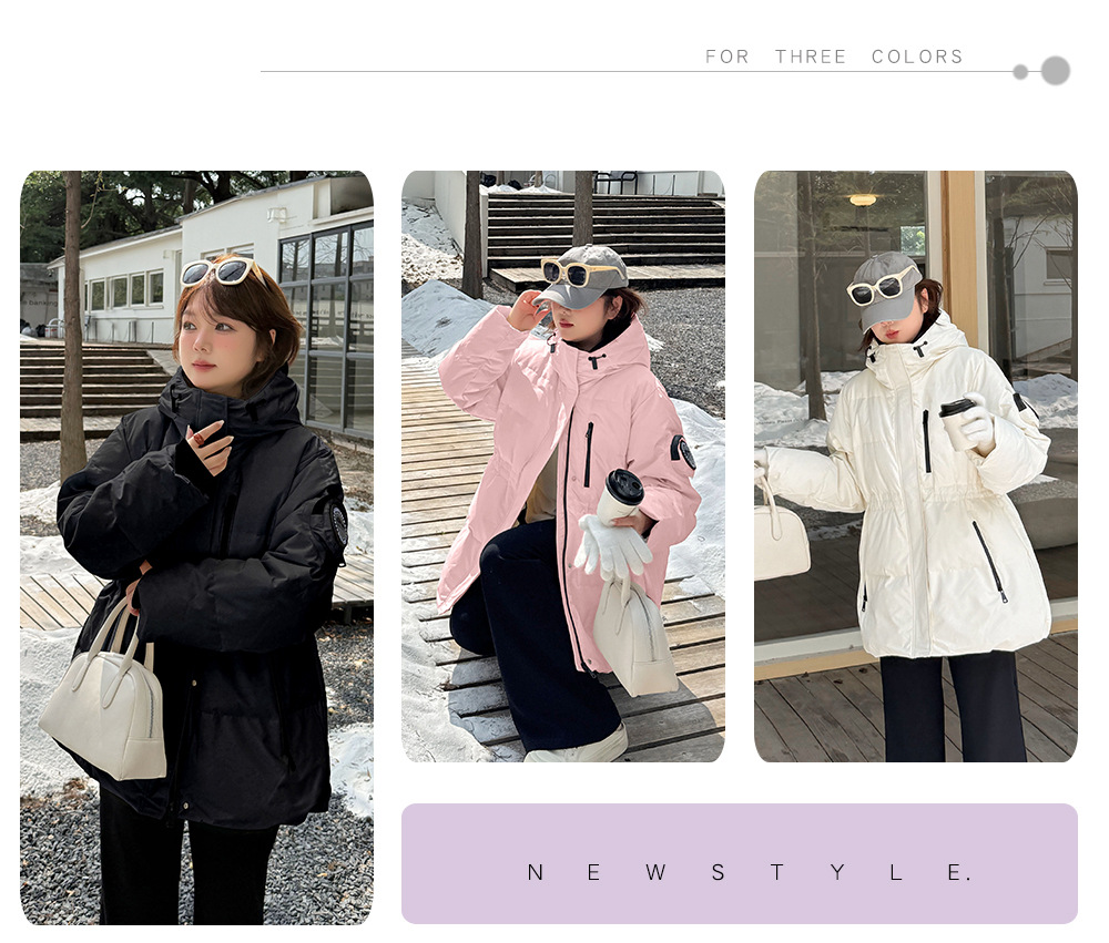 大きいサイズ レディース フード付きロゴ刺繍ワッペンミドル丈ダックダウンジャケット LL 3L