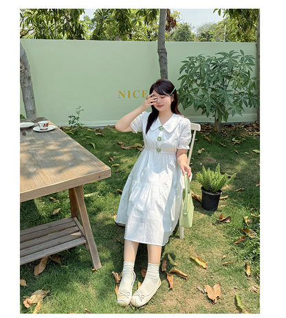 大きいサイズ レディース 小花ボタン飾りコットンフリルワンピース LL 3L 4L 5L