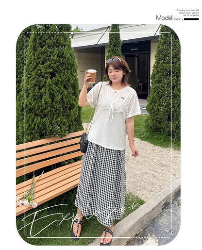 大きいサイズ レディース フェイクレイヤードレースリボンTシャツ LL 3L 4L 5L