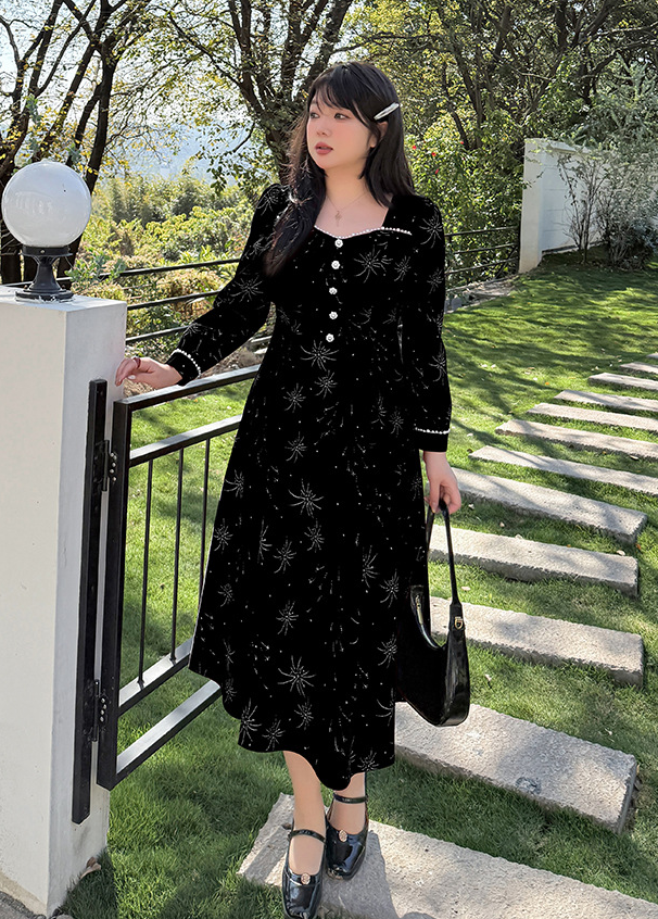 大きいサイズ レディース ビーズ花火柄ベルベットフレンチワンピース LL 3L 4L 5L