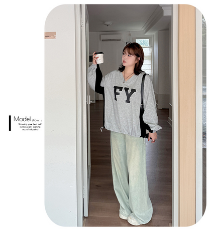 大きいサイズ レディース Vネックコントラストカラー長袖スウェットシャツ LL 3L 4L 5L
