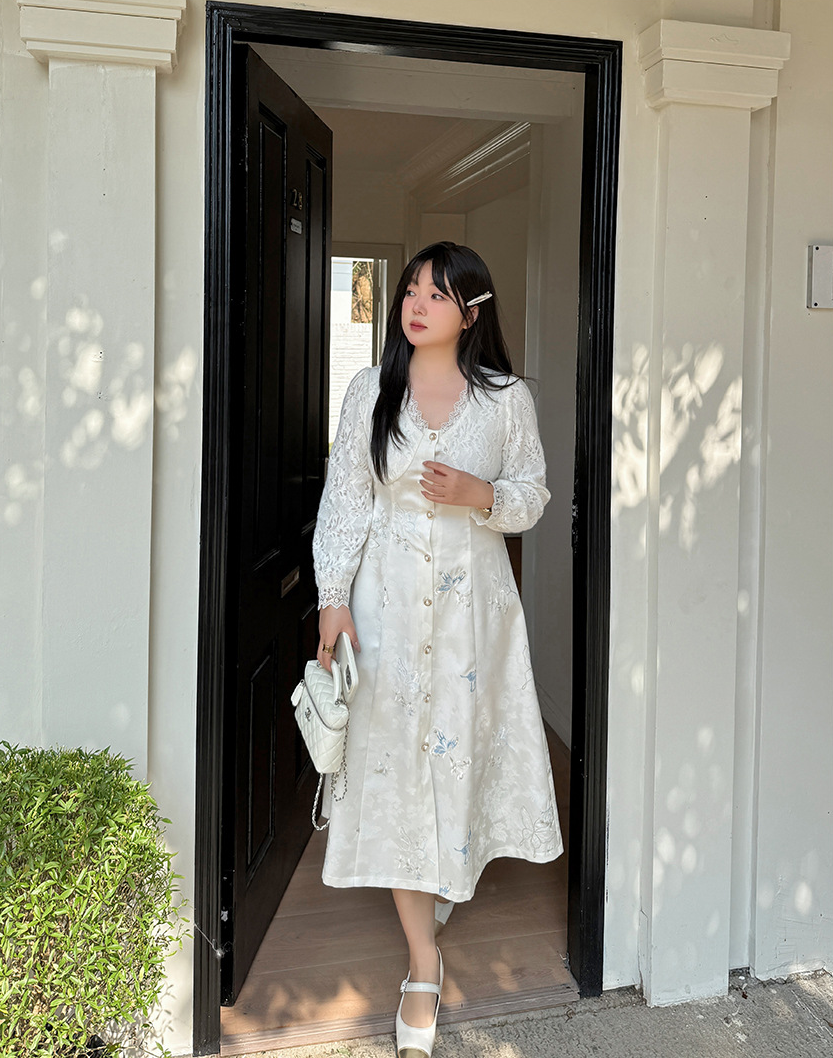 大きいサイズ レディース Vネックレース刺繍パッチワークワンピース LL 3L 4L 5L