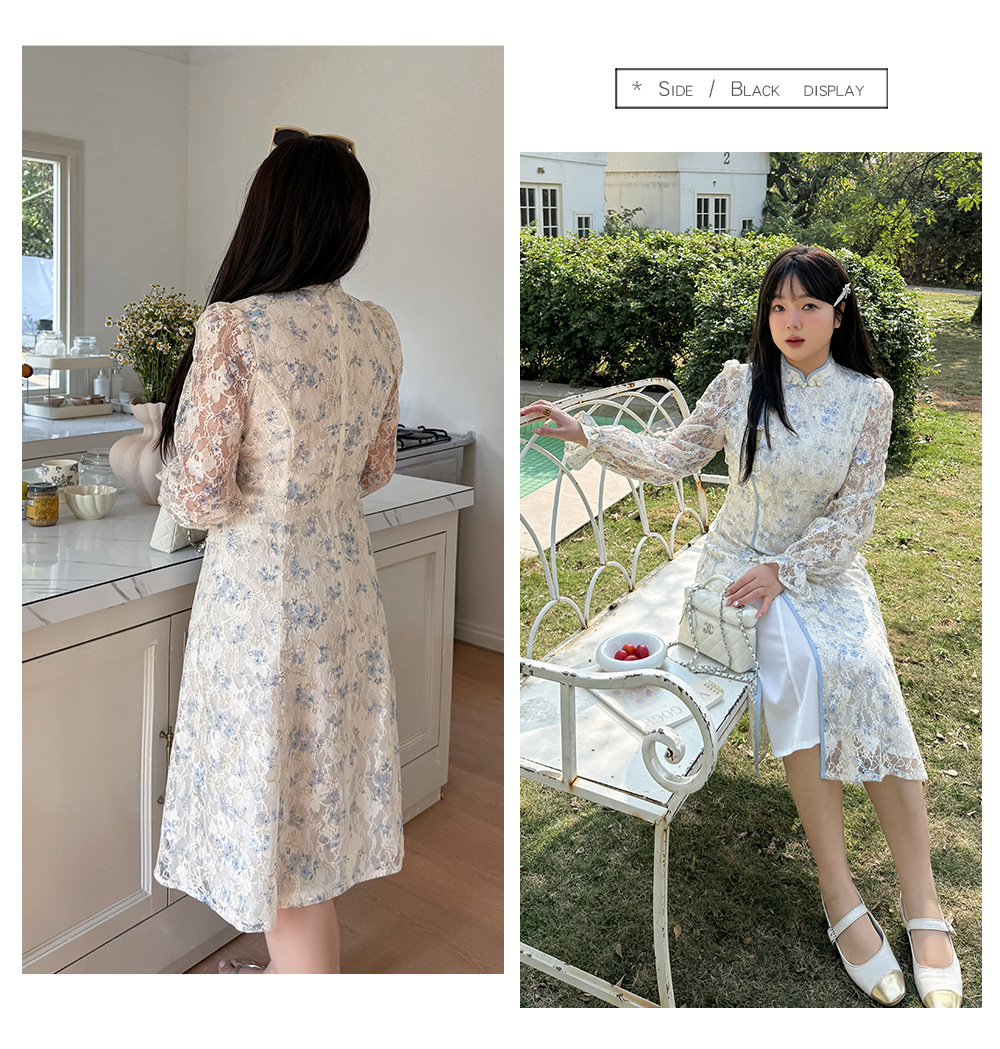 大きいサイズ レディース レトロ花柄プリントレースチャイナワンピース LL 3L 4L 5L