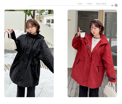 大きいサイズ レディース フード付きウエスト絞りキルティング中綿ジャケット 3L 4L 5L