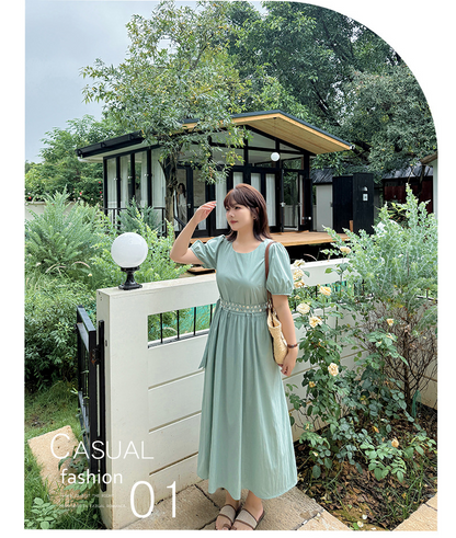 大きいサイズ レディース ラウンドネックダブルベルトカジュアルワンピース LL 3L 4L 5L