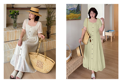 大きいサイズ レディース スクエアネック木目フラワーボタンマキシワンピース LL 3L 4L 5L