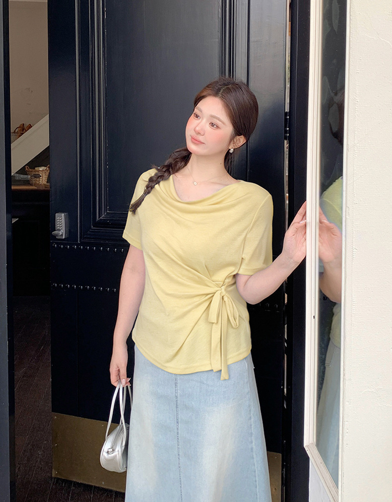 大きいサイズ レディース カウルネックラインウエストタイ半袖トップス LL 3L 4L 5L