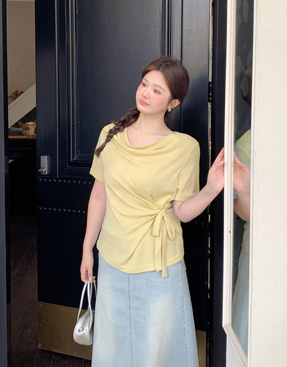 大きいサイズ レディース カウルネックラインウエストタイ半袖トップス LL 3L 4L 5L