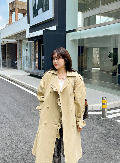 大きいサイズ レディース フリルラペルダブルブレストベルト付きロングトレンチコート LL 3L 4L 5L