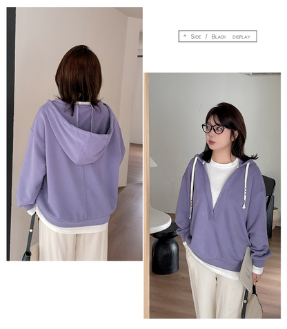 大きいサイズ レディース フード付き厚手フェイクツーピースカジュアルスウェットシャツ LL 3L 4L 5L