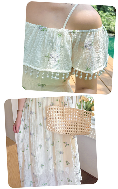 大きいサイズ レディース ビーズ刺繍オフショルダーサスペンダーワンピース LL 3L 4L 5L
