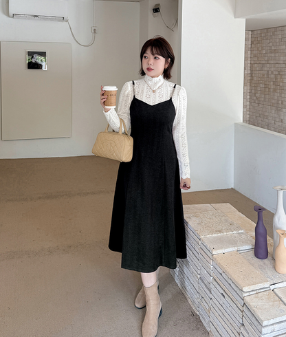 大きいサイズ レディース ツーピースセット（レーストップス+スリップワンピース） LL 3L 4L 5L