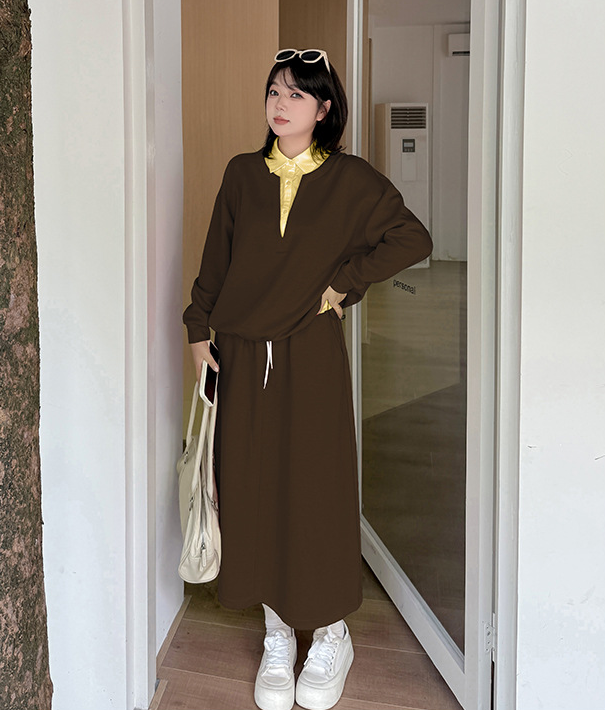 大きいサイズ レディース カジュアルセットアップ（フェイクツーピースシャツ+スカート） LL 3L 4L 5L