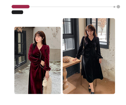 大きいサイズ レディース Vネックラインストーン装飾エレガントベルベットワンピース LL 3L 4L 5L