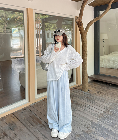 大きいサイズ レディース Vネックレース編みメッシュニットシャツ LL 3L 4L