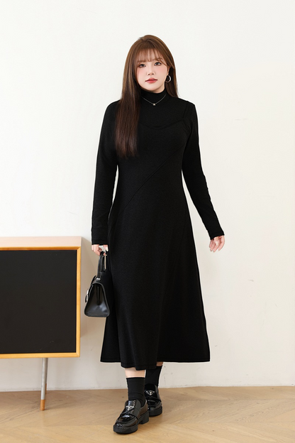 大きいサイズ レディース セミハイネックニットフェイクツーピースワンピース LL 3L 4L 5L