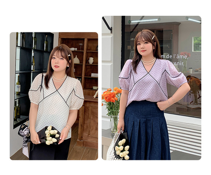 大きいサイズ レディース フレンチVネック水玉模様シースルートップス LL 3L 4L 5L