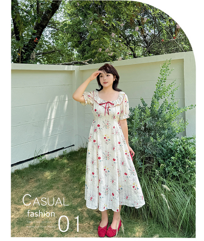 大きいサイズ レディース リボンフリル花柄プリントバブルスリーブワンピース LL 3L 4L 5L