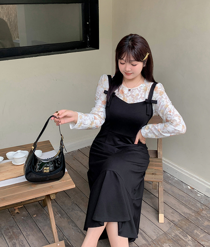 大きいサイズ レディース 花柄レースボトムシャツ+サスペンダースカート2点セット LL 3L 4L 5L