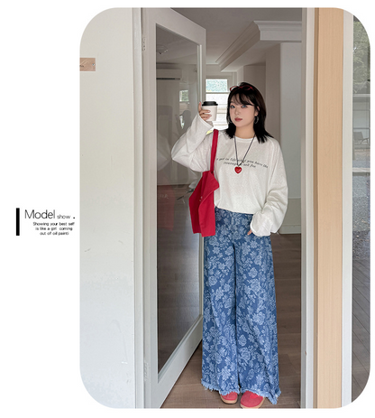 大きいサイズ レディース ヴィンテージ風ジャカードデニムワイドレッグパンツ LL 3L 4L 5L