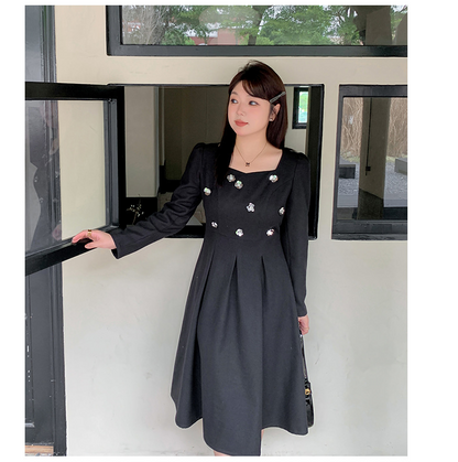 大きいサイズ レディース スパンコスクエアネックールブラックワンピース LL 3L 4L 5L