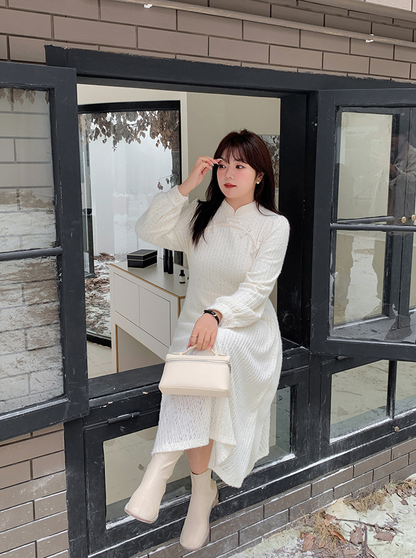 大きいサイズ レディース チャイナ風レトロ花柄ビーズボタンレースワンピース LL 3L 4L 5L