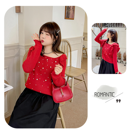 大きいサイズ レディース ビーズフリルオフショルダーニットセーター LL 3L 4L 5L