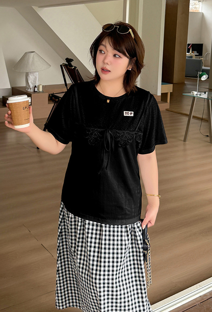 大きいサイズ レディース フェイクレイヤードレースリボンTシャツ LL 3L 4L 5L