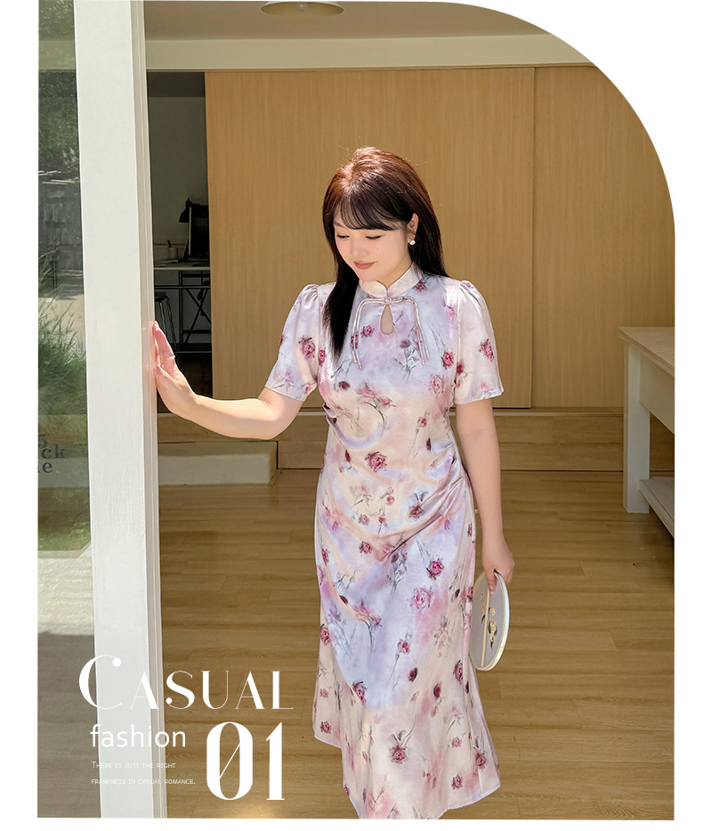 大きいサイズ レディース チャイナ風レトロ花柄プリントワンピース LL 3L 4L 5L