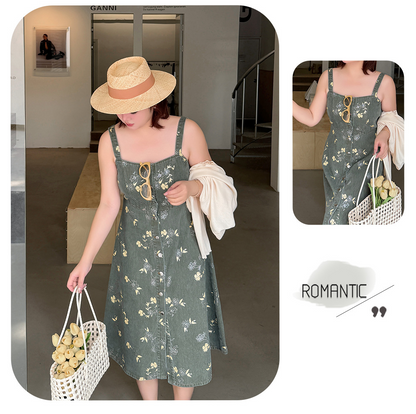 大きいサイズ レディース レトロ花柄デニムキャミソールワンピース LL 3L 4L 5L