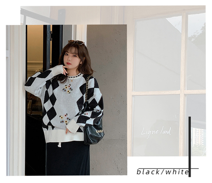 大きいサイズ レディース ラウンドネックレトロ小花ダイヤ柄プルオーバーセーター LL 3L 4L