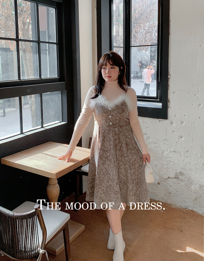 大きいサイズ レディース  ファーベルベットスリップワンピースヴィンテージプリント LL 3L 4L 5L