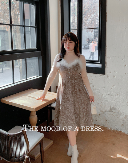 大きいサイズ レディース  ファーベルベットスリップワンピースヴィンテージプリント LL 3L 4L 5L