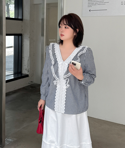 大きいサイズ レディース フレンチレトロギンガムチェックレースブラウス LL 3L 4L 5L