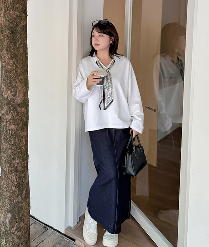 大きいサイズ レディース スカーフリボン付きVネックニットスウェットシャツ LL 3L 4L 5L