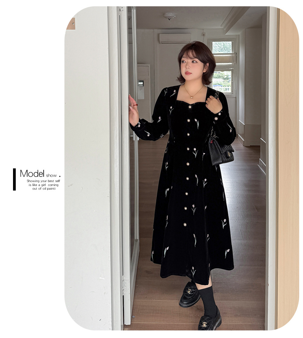 大きいサイズ レディース フレンチスクエアネックチューリップ刺繍ベルベットワンピース LL 3L 4L 5L