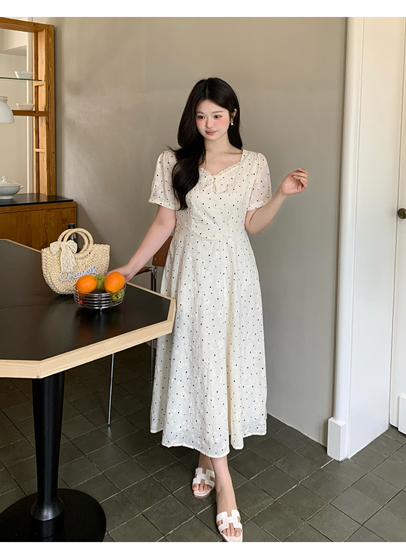 大きいサイズ レディース レースネックドット刺繍フレアワンピース LL 3L 4L 5L 6L