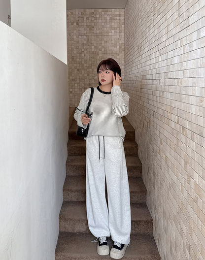 大きいサイズ レディース ニットコントラストウエストバンドストレートカジュアルパンツ LL 3L 4L 5L