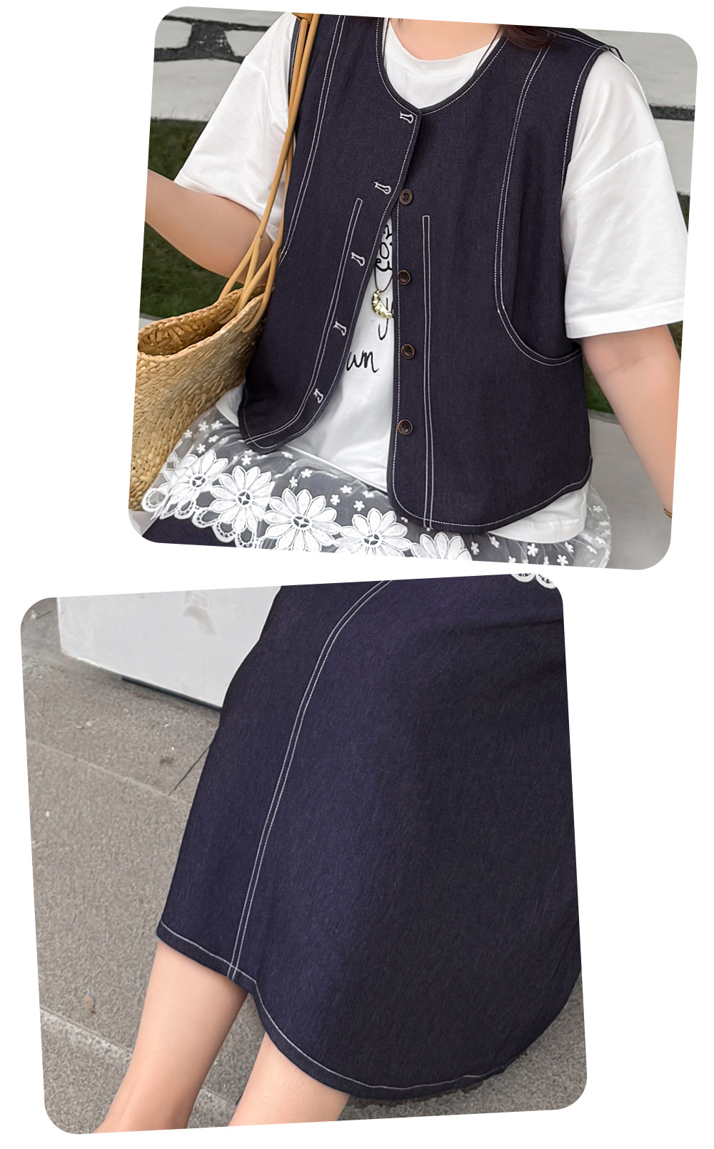 大きいサイズ レディース セットアップ（フェイクデニムステッチベスト＋スカート） LL 3L 4L 5L