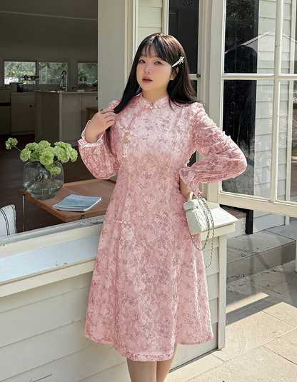 大きいサイズ レディース レトロ花柄プリントレースチャイナワンピース LL 3L 4L 5L