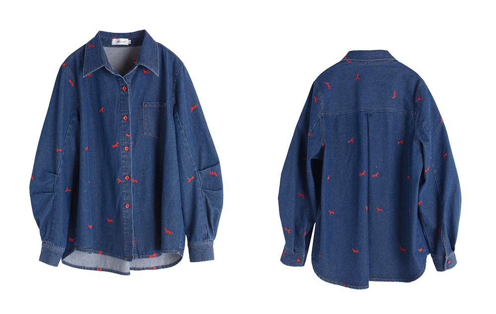 大きいサイズ レディース ポニー刺繍カジュアルウォッシュデニムシャツ 3L 4L 5L