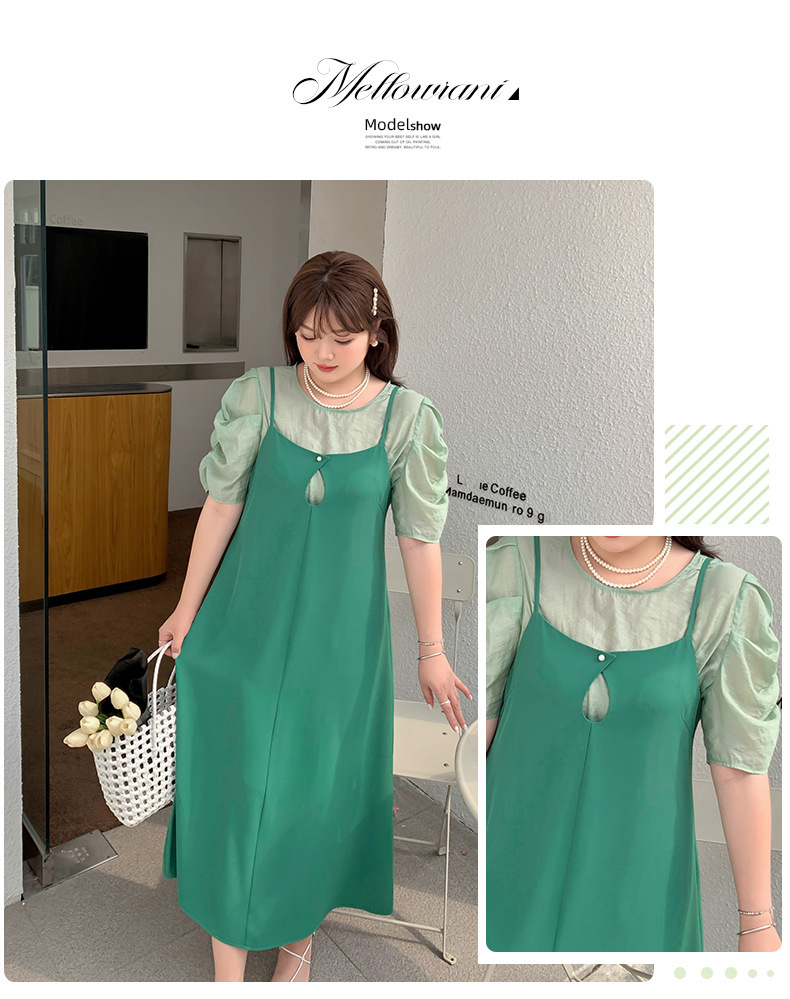 大きいサイズ レディース プリーツパフスリーブブラウス+サスペンダーワンピース LL 3L 4L 5L